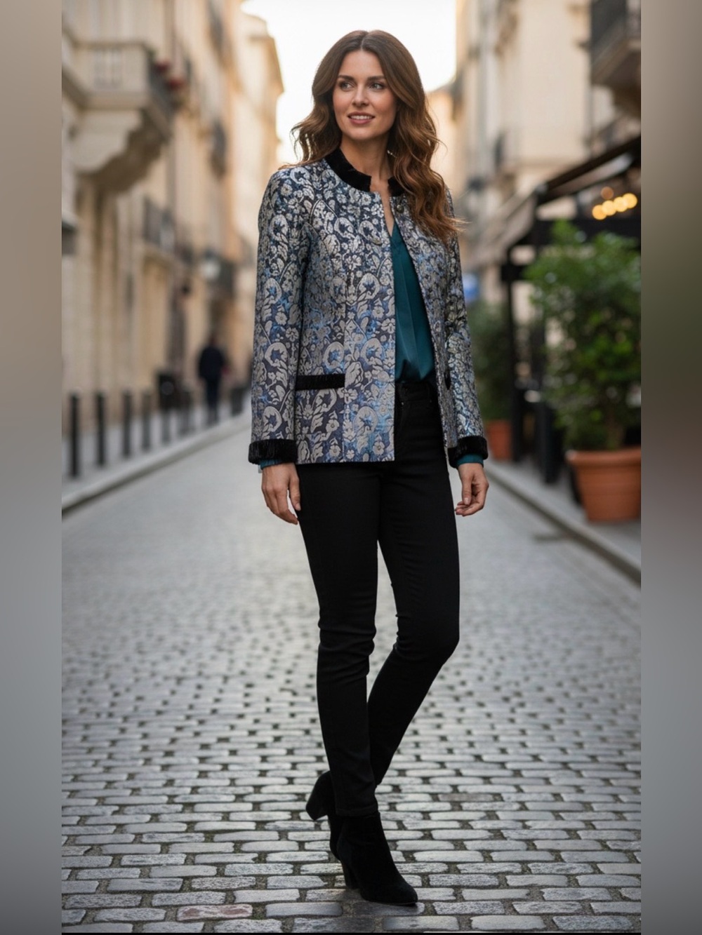 Women’s Size 6 Blue MetallicTapestry Button Blazer‎ Velvet Trim Old Money Regal